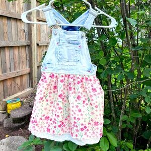 Vintage Jordache Denim Overall Dress with floral bottom Kids XS 4/5 size